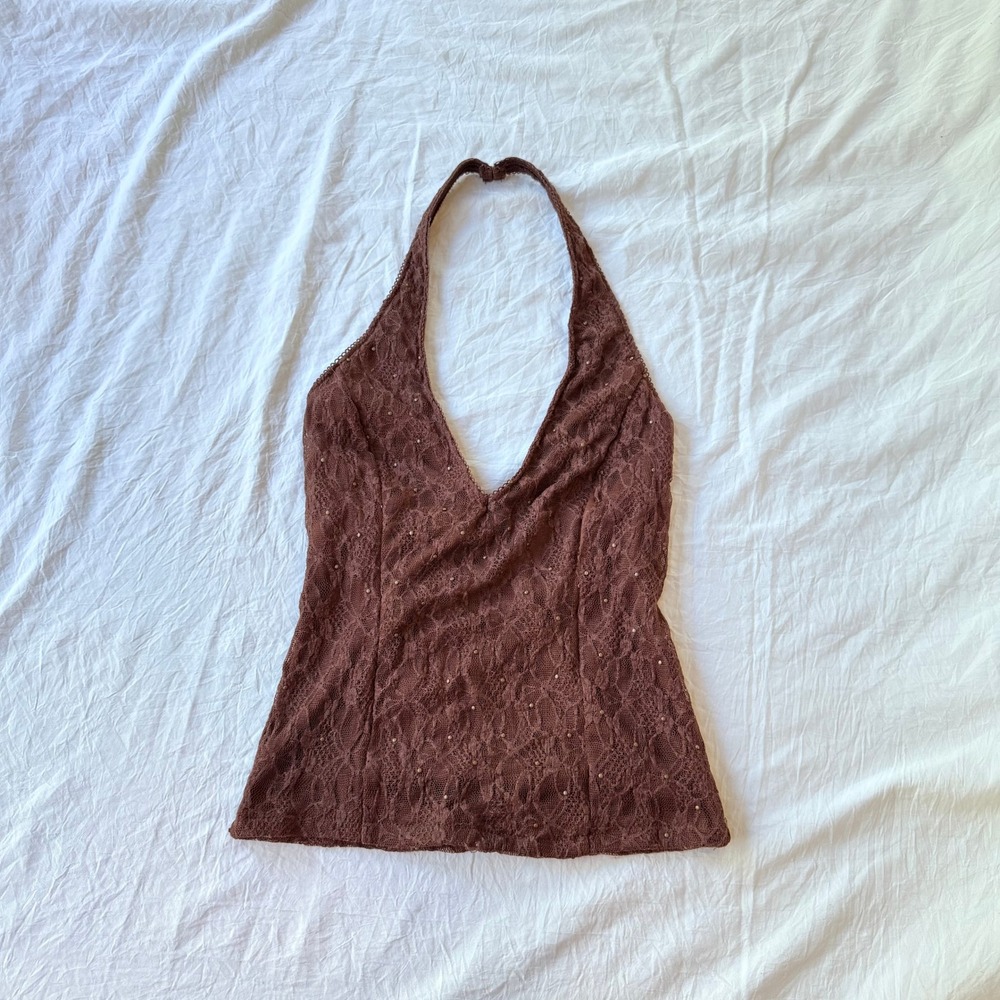 Thirty Thirty Brown Lace Studded Halter Top V-Neck Y2K Style Size M
